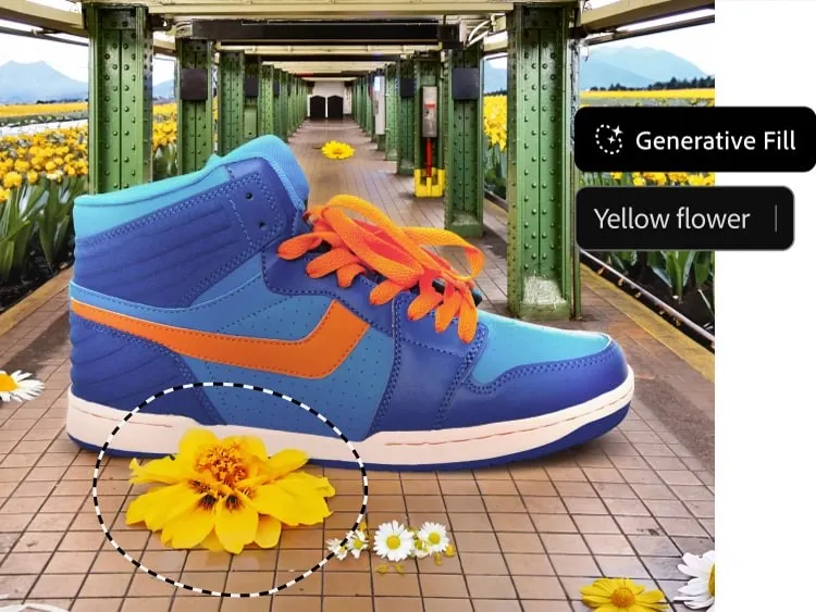 Image illustrating generative AI capabilities of Photoshop with sneaker surrounded by flowers